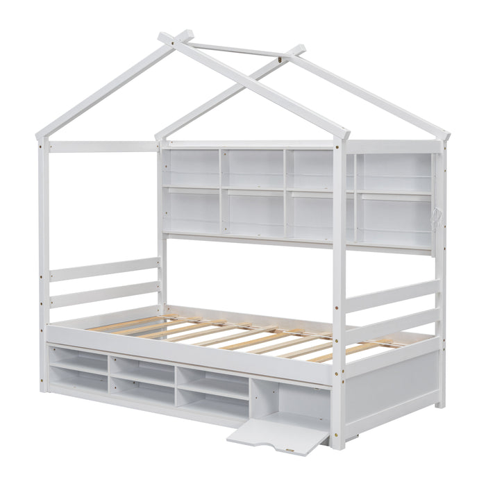 Twin House Bed With Roof Frame, Bedside-Shelves, Under Bed Storage Unit - White