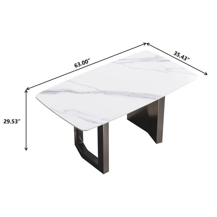 63" Modern Artificial Stone Curved Metal Leg Dining Table, 6 People - White / Black