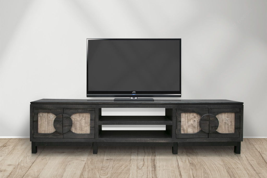 Solid Wood Cabinet Enclosed Storage Distressed TV Stand - Black