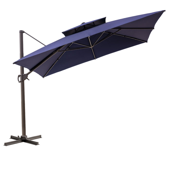 Polyester Round Tilt, Cantilever Patio Umbrella With Stand - Navy Blue