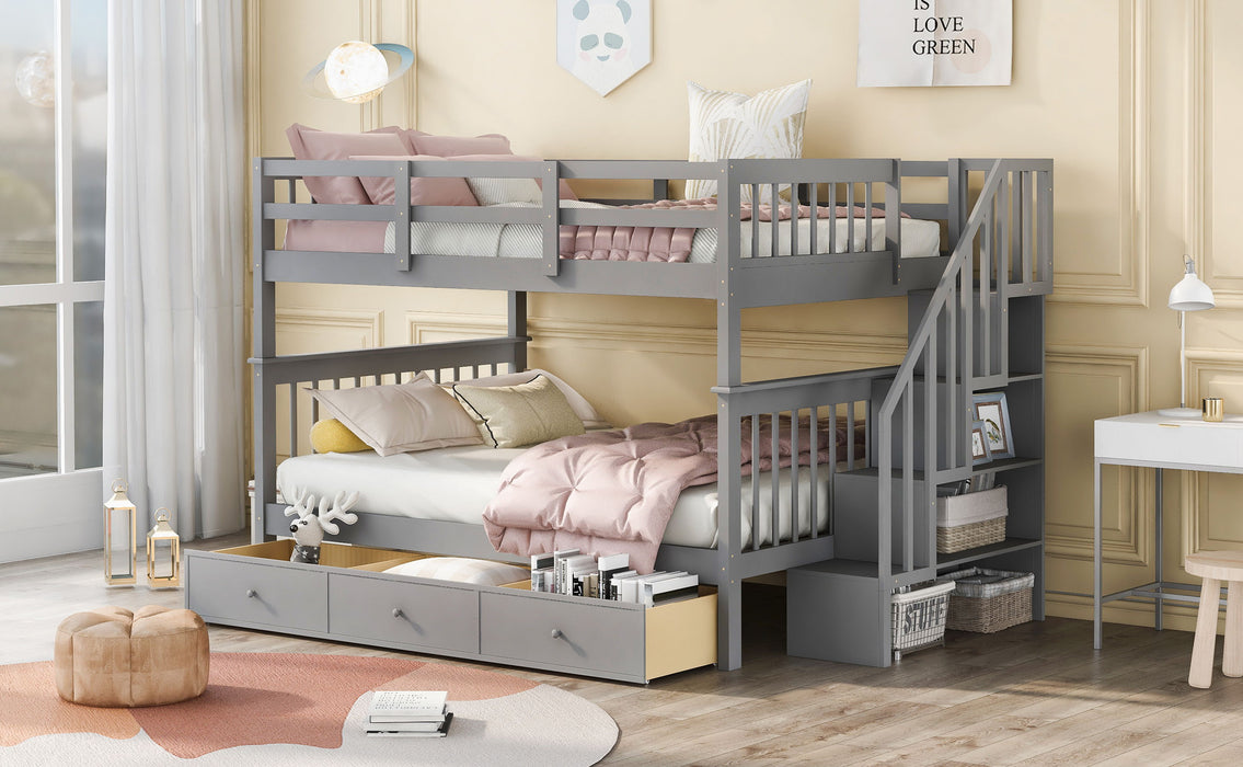 Stairway Bunk Bed With Drawer, Storage And Guard Rail For Bedroom