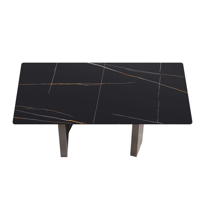 70.87" Modern Artificial Stone Black Straight Edge Black Metal Leg Dining Table, Can Accommodate 6-8 People - Black