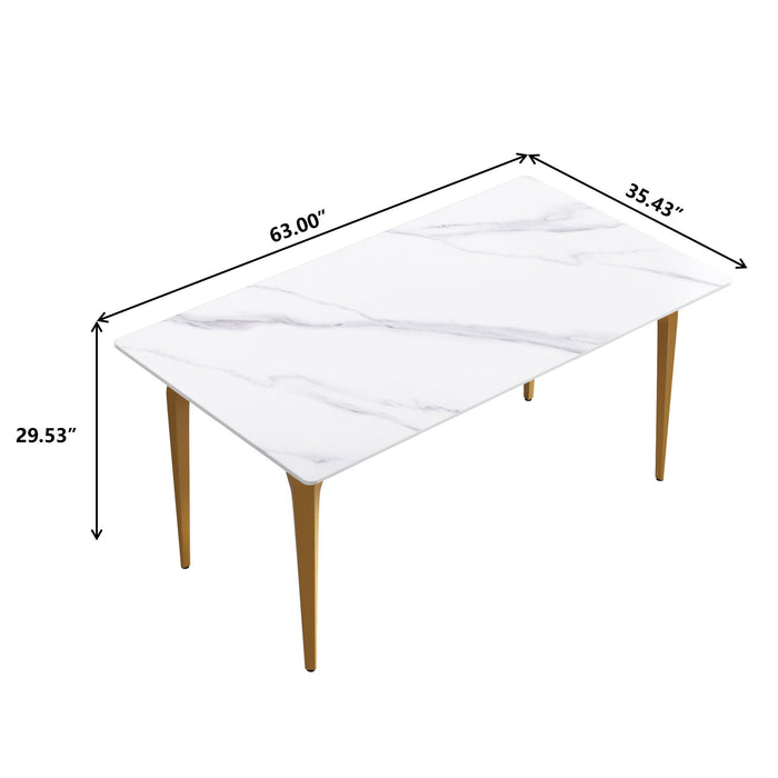 63" Modern Artificial Stone White Straight Edge Golden Metal Leg Dining Table, 6 People - White / Gold