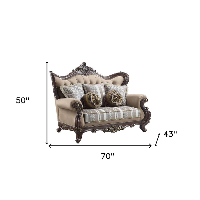 Linen Curved Loveseat And Toss Pillows - Brown / Dark Brown