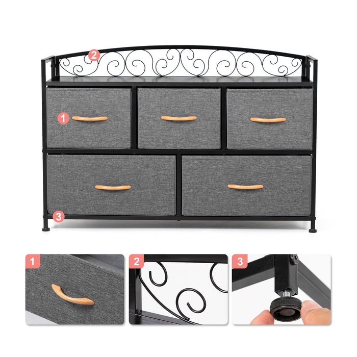 Steel And Fabric Five Drawer Combo Dresser - Gray / Black