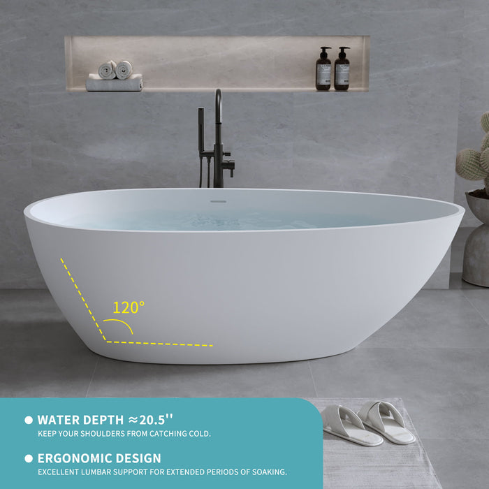 Solid Surface Matte Tub, Freestanding Solid Surface Resin Stone Bathtub, Solid Surface Matte White Soaking Tub, Free Standing Tub With Overflow And Pop-Up Drain - Matte White