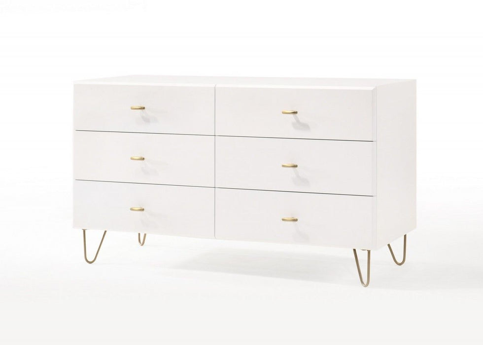 Six Drawer Wood Double Dresser - White