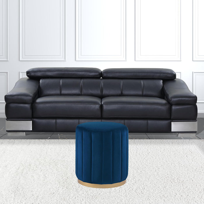 Velvet Round Ottoman - Navy Blue / Gold