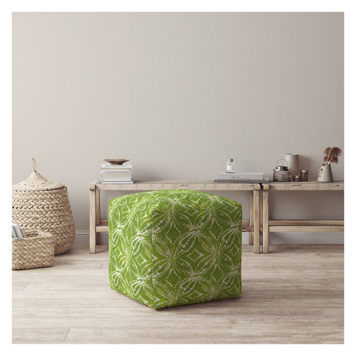 Cotton Damask Pouf Ottoman - Green / White