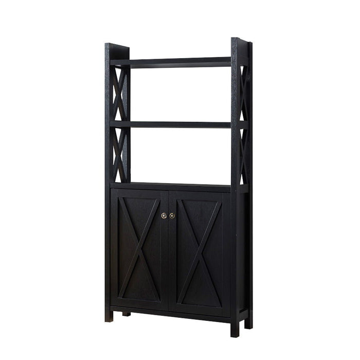 Crosshatch Display, Home Storage Cabinet With Two Top Shelves, Two Door Cabinet - Black