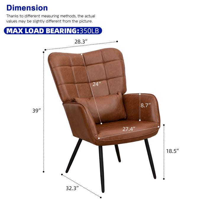 32.3" Bonded Leather Armchair, Modern Accent Chair High Back, Living Room Chair With Metal Legs And Soft Padded, Sofa Chairs For Home Office, Bedroom, Dining Room - Brown