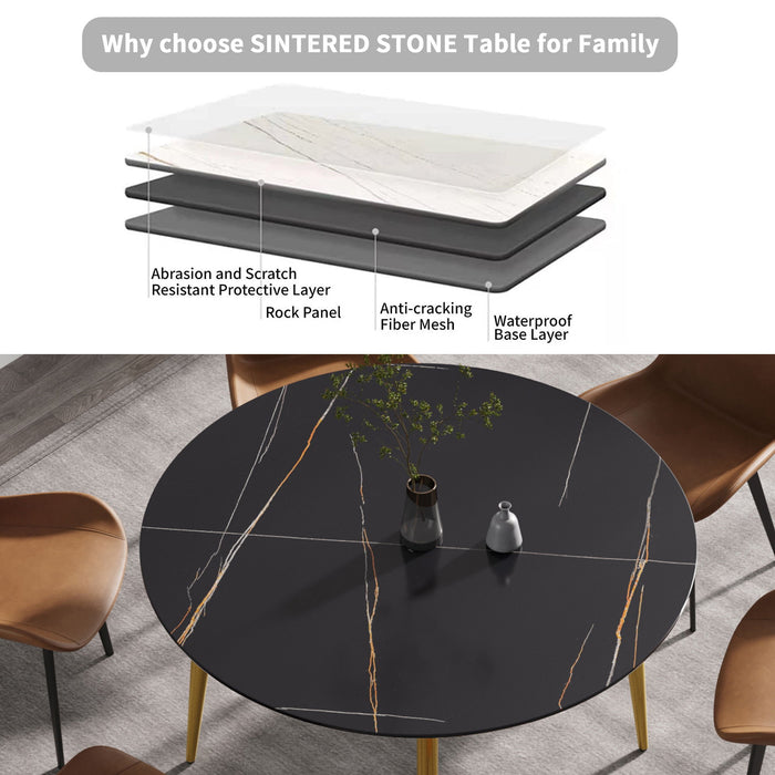 Modern Artificial Stone Round Dining Table With Golden Metal Legs, Can Accommodate 6 People - Black