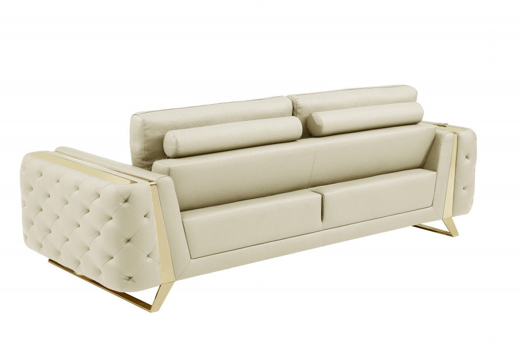 Italian Leather Sofa With Silver Legs - Beige