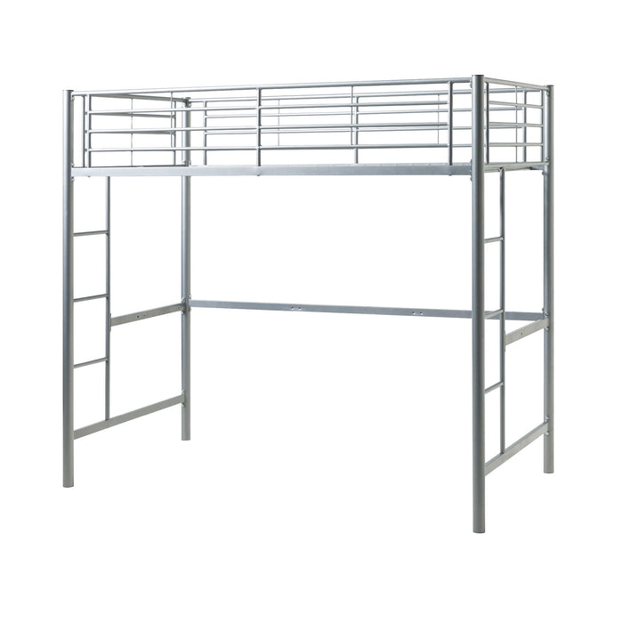 Modern Industrial Twin Over Loft Metal Bunk Bed Frame With Integrated Guardrails - Silver