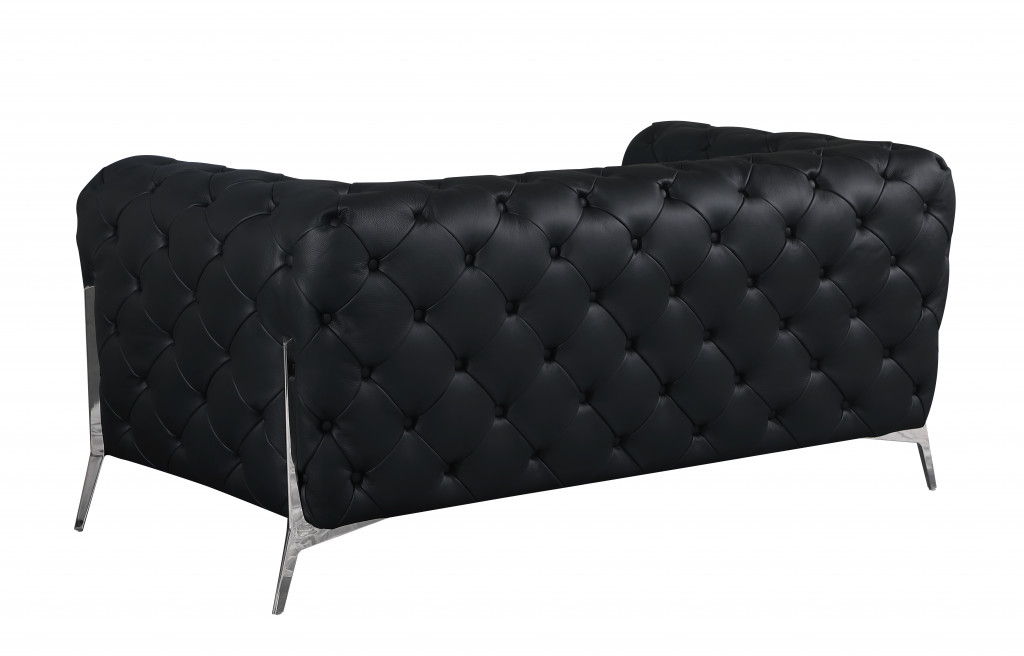 Tufted Loveseat - Black - Italian Leather And Chrome