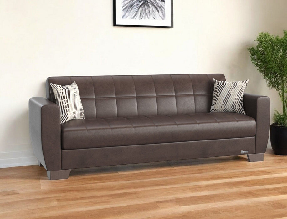 Faux Leather Sleeper Sleeper Sofa And Toss Pillows - Brown