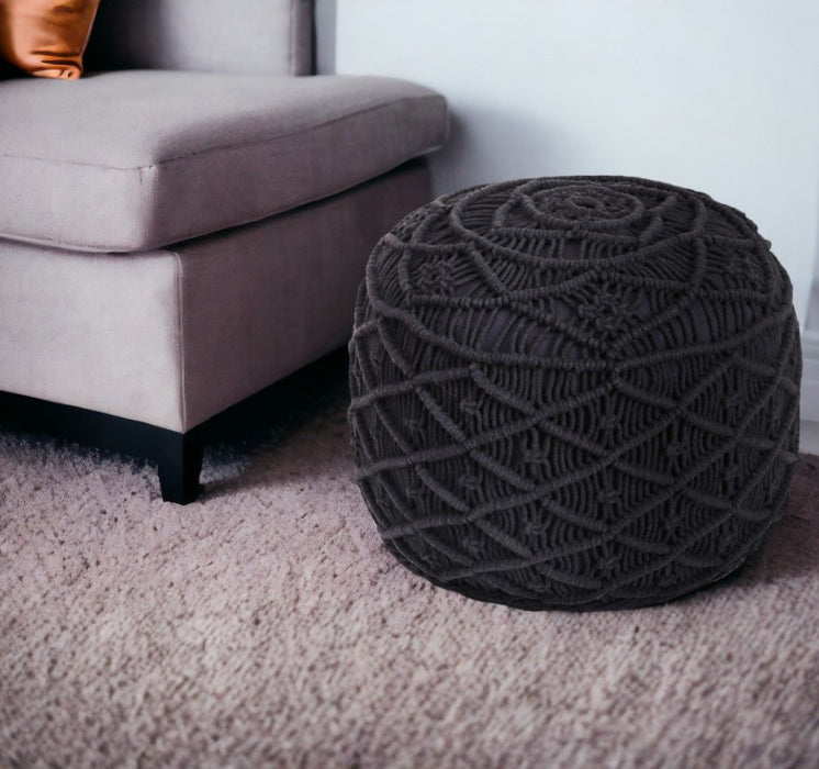 Cotton Blend Round Floral Pouf Ottoman - Black