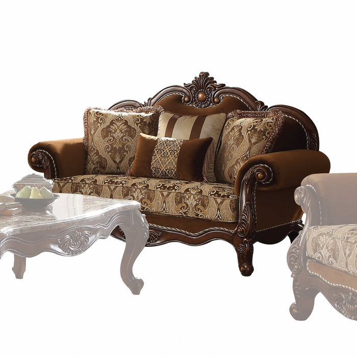 Loveseat And Toss Pillows - Brown Damask Chesterfield