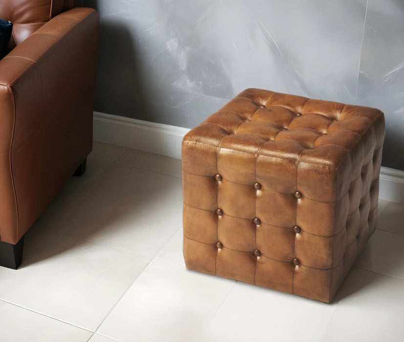 Tufted Leather Vintage Style Cube Ottoman - Brown