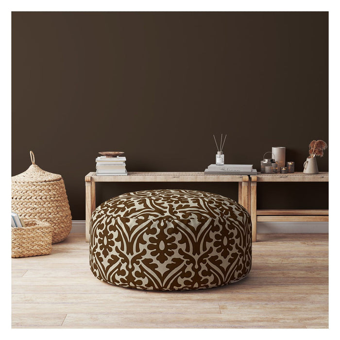 Cotton Round Damask Pouf Cover - Brown