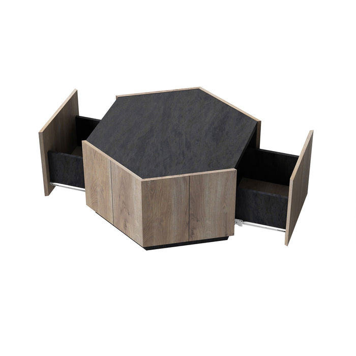 Hexagonal Rural Style Garden Retro Living Room Coffee Table With 2 Drawers - Light Oak