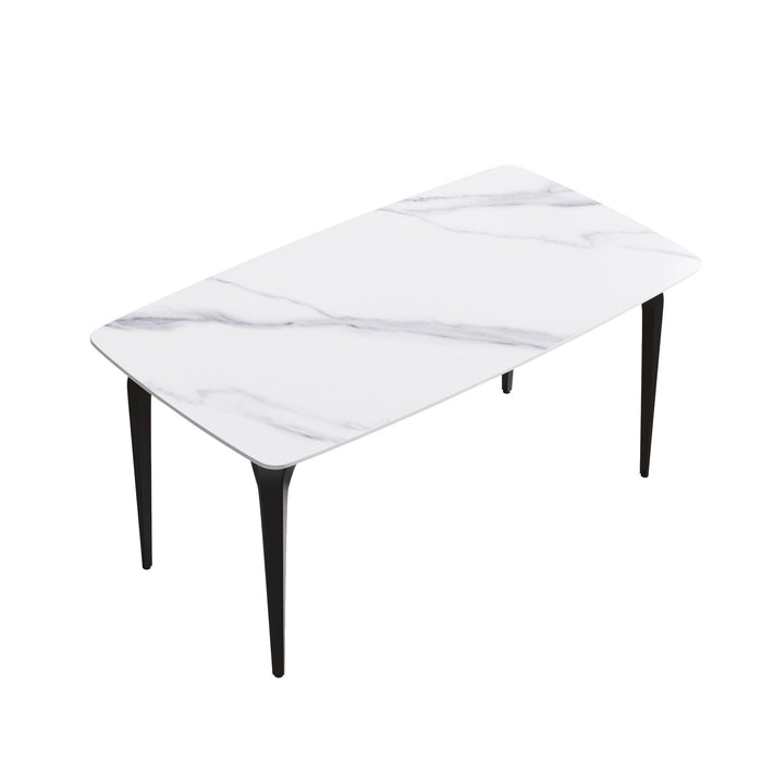 63" Modern Artificial Stone White Curved Black Metal Leg Dining Table, 6 People - White