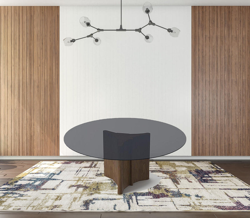 Rounded Glass And Solid Dining Table - Smoked And Walnut