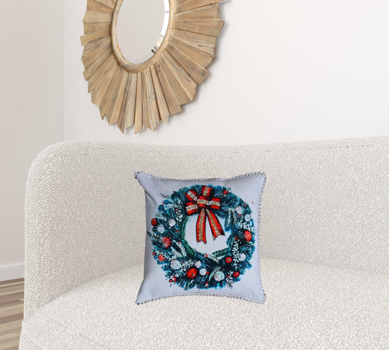 18"Lx18"D Christmas Wreath Throw Pillow With Embroidery - Red And Green
