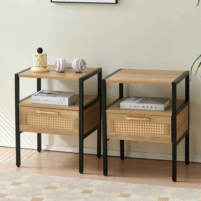 Rattan End Table With Drawer, Modern Nightstand, Metal Legs, Side Table For Living Room, Bedroom