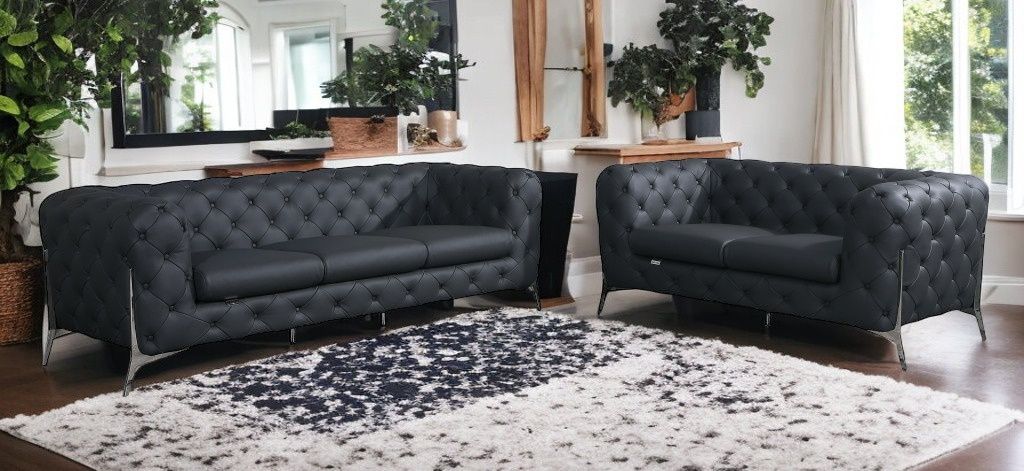 2 Piece Five Person Indoor Italian Leather Seating Set - Dark Gray