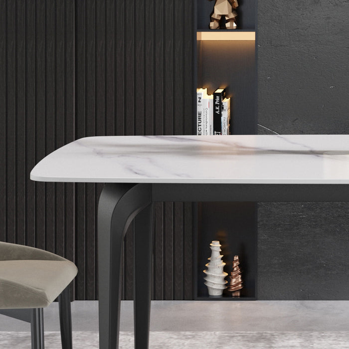 63" Modern Artificial Stone White Curved Black Metal Leg Dining Table, 6 People - White