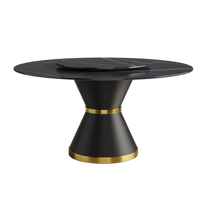 Modern Artificial Stone Round Carbon Steel Base Dining Table, Can Accommodate 6 People Artificial Stone Turntable - Black