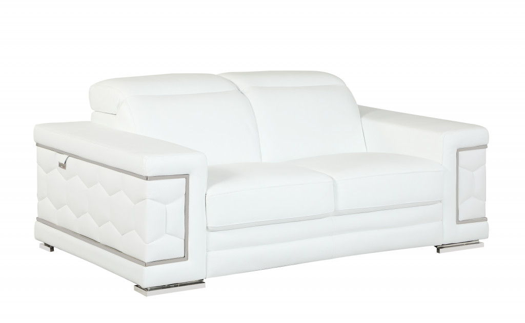 Sofa Italian Leather With Silver Legs - White