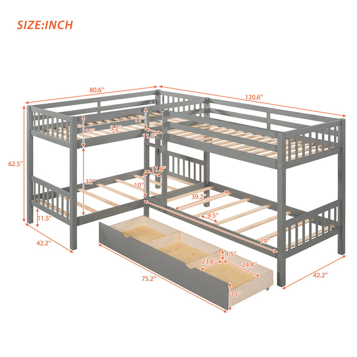 Twin L-Shaped Bunk Bed With Drawers - Gray