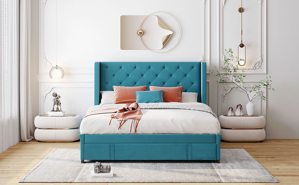 Queen Size Storage Bed Velvet Upholstered Platform Bed With Wingback Headboard And A Big Drawer