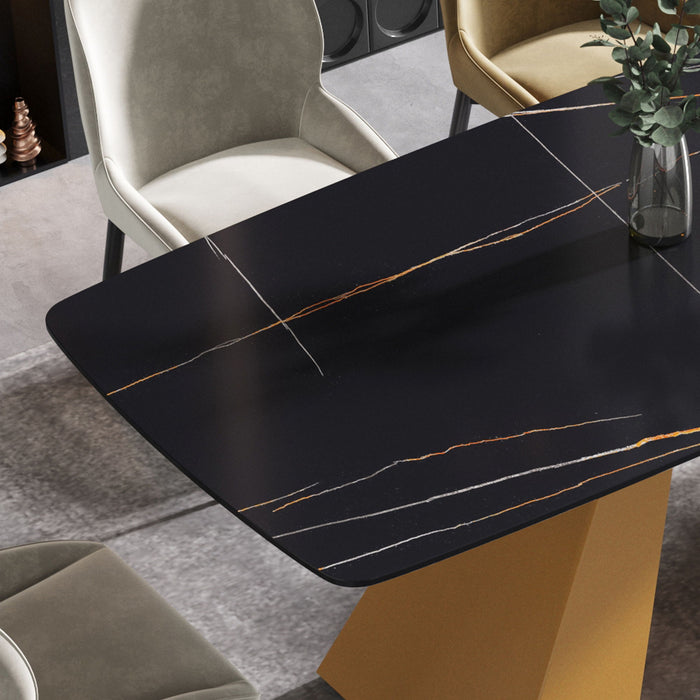 63" Artificial Stone Black Curved Golden Metal Leg Dining Table, 6 People - Black / Gold