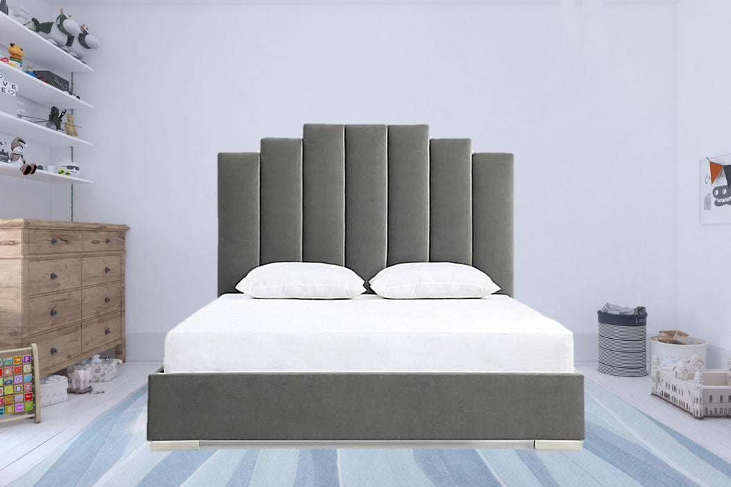 Queen Upholstered Vertical Channel Velvet Bed with USB - Gray