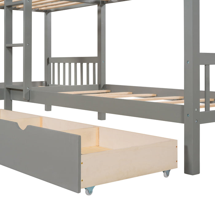 Twin L-Shaped Bunk Bed With Drawers - Gray