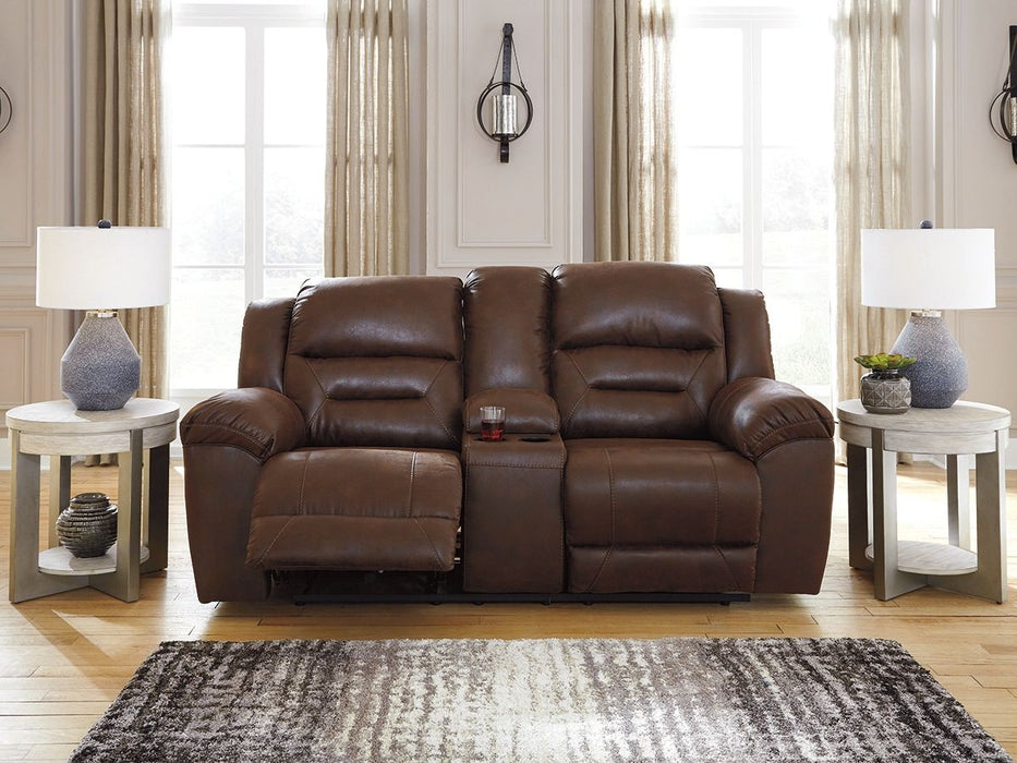 Stoneland - Chocolate - Dbl Reclining Loveseat with Console - Faux Leather