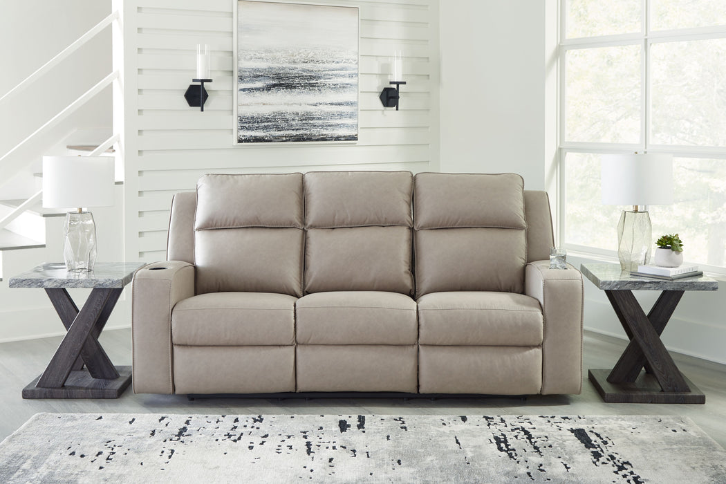 Lavenhorne - Pebble - Reclining Sofa W/ Drop Down Table - Faux Leather