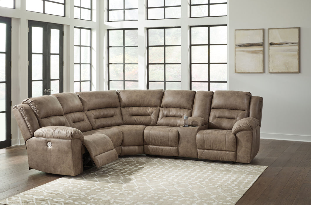 Ravenel - Fossil - 3-Piece Power Reclining Sectional With Raf Power Reclining Loveseat With Console - Faux Leather