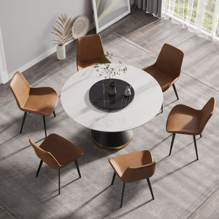 53" Modern Artificial Stone Round Carbon Steel Base Dining Table, Can Accommodate 6 People, Black Artificial Stone Turntable - White / Black