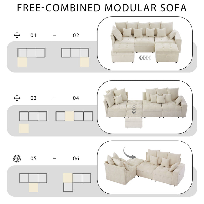 Sectional Sofa Modular Sofa Couch With Three USB Ports, A Removable Storage Ottoman And Five Back Pillows For Living Room