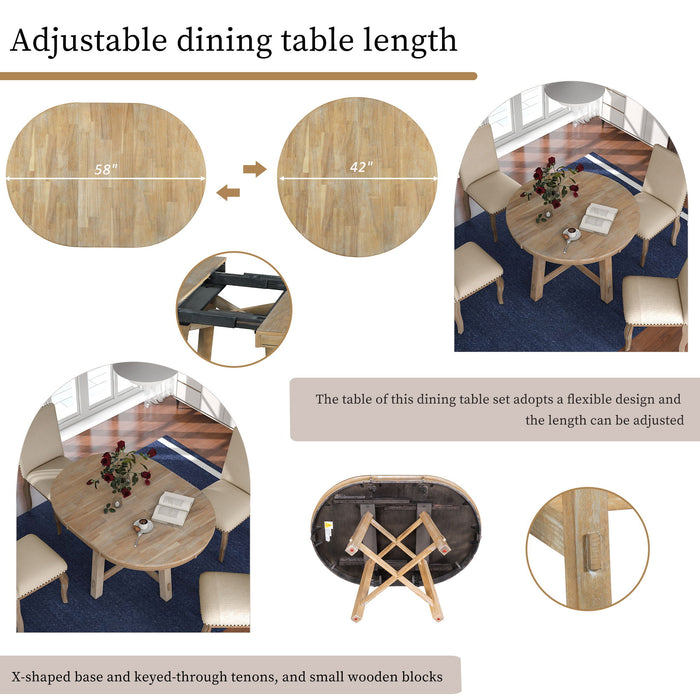 Farmhouse Dining Table Set Wood Round Extendable Dining Table And Upholstered Dining Chairs