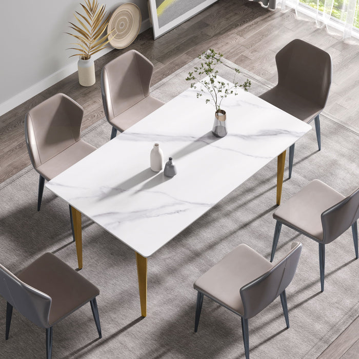 63" Modern Artificial Stone White Straight Edge Golden Metal Leg Dining Table, 6 People - White / Gold