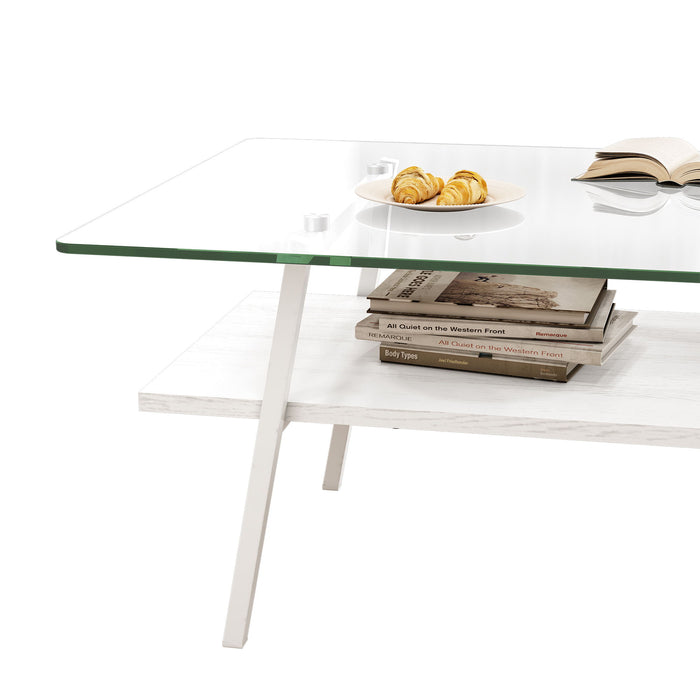 Rectangle Coffee Table, Tempered Glass Tabletop With Metal Legs, Modern Table For Living Room