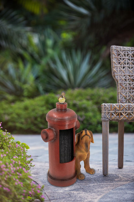 Red Fire Hydrant Water Fountain With Dog And Bird Accents, Outdoor Fountian With Light And Pump - Red / Light Brown