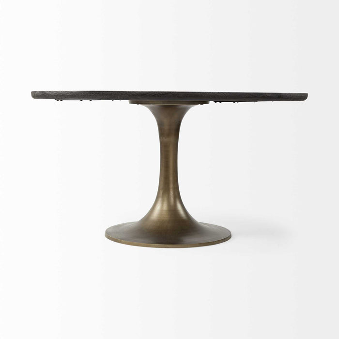 Round Solid Wood Top With Metal Base Dining Table - Brown / Gold