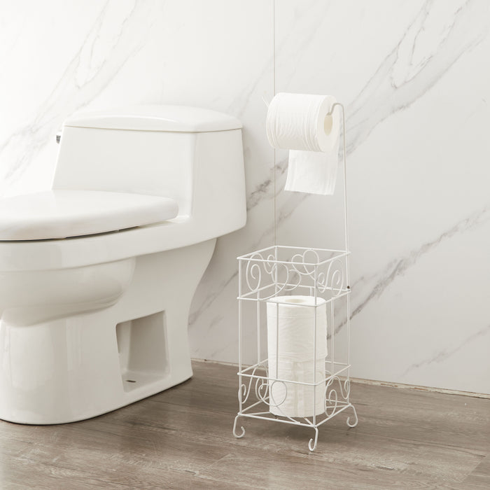 Metal Frame Toilet Paper Holder Stand, Bathroom Tissue Organizer - White