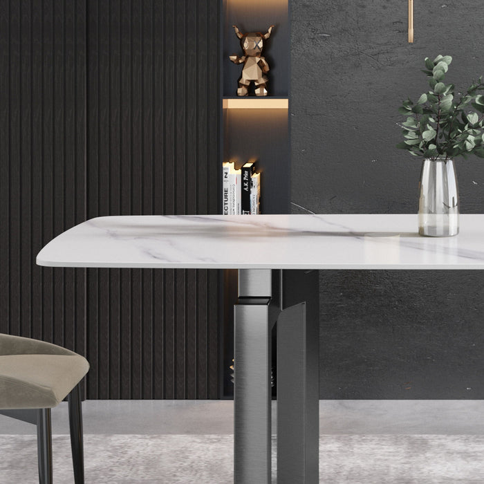 63" Modern Artificial Stone Curved Metal Leg Dining Table, 6 People - White / Black